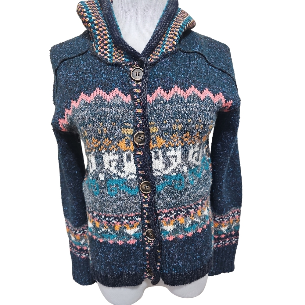Free People Fair Isle Button-Front Hooded Cardigan Sz S